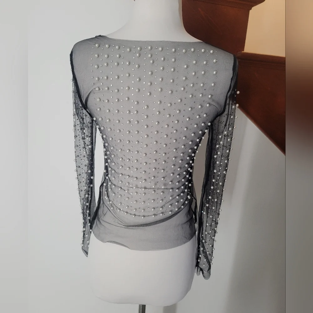 Mesh Sheer Black with Pearl Embelished Long Sleeve Blouse Top Size S - Picture 3 of 3